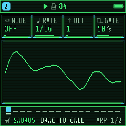 The ARP page: MODE, RATE, OCT and GATE