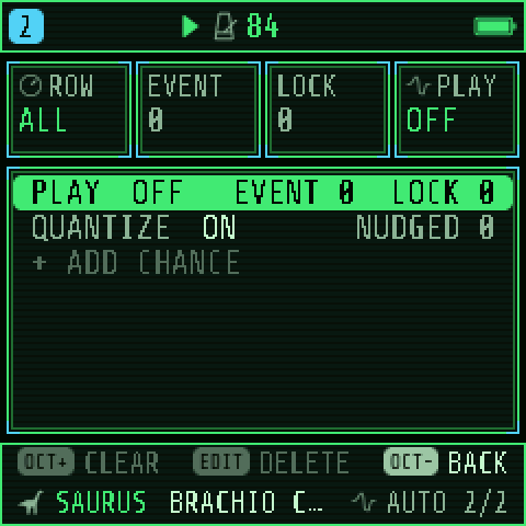 The AUTOMATION page: ROW, EVENT, LOCK, PLAY, with the PLAY, QUANTIZE and + ADD CHANCE rows