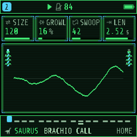 HOME on track 2: the SAURUS engine's BRACHIO CALL, with SIZE, GROWL, SWOOP and LEN on the knobs
