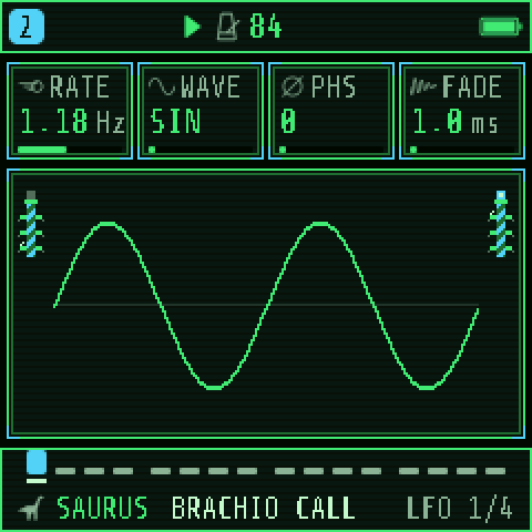The LFO page: RATE, WAVE, PHS and FADE