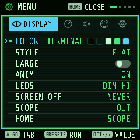 MENU, DISPLAY tab: COLOR TERMINAL, STYLE, LARGE, ANIM, LEDS, SCREEN OFF, SCOPE, HOME