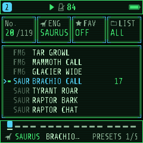 The PRESETS browser on track 2: No. 20/119, ENG SAURUS, FAV OFF, LIST ALL, with BRACHIO CALL selected