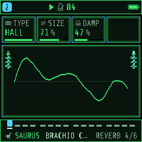 The REVERB page: TYPE HALL, SIZE and DAMP