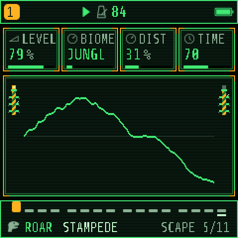 The SCAPE page with HERD: LEVEL 79 %, BIOME JUNGL, DIST 31 %, TIME 70