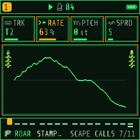 SCAPE CALLS: TRK T2, RATE 63 %, PTCH 0 st, SPRD 5