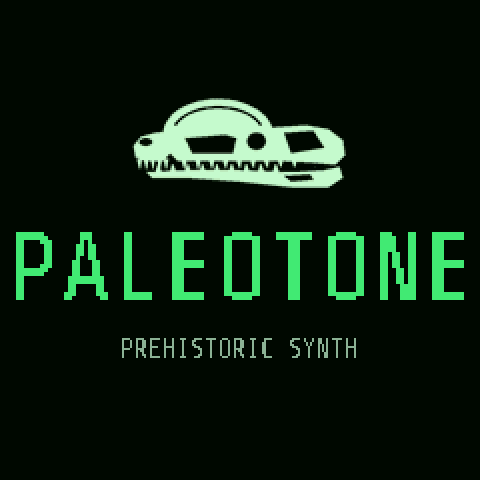 The boot screen: a Dilophosaurus skull, the PALEOTONE title and PREHISTORIC SYNTH