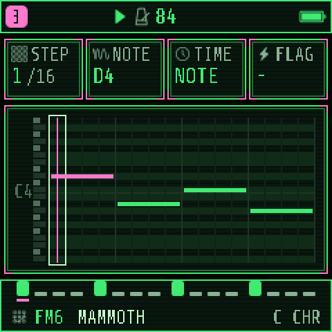 The STEP page on track 3 (MAMMOTH): STEP 1/16, NOTE D4, TIME NOTE, FLAG -, with the piano roll below